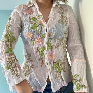 Johnny Was White Floral Embroidered Sheer Longsleeve Crinkle Button Down